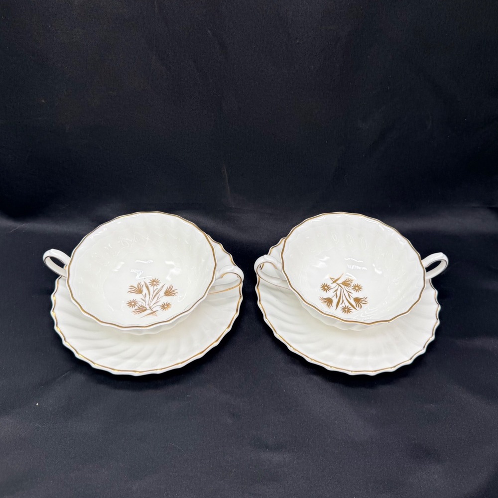 Royal Doulton Napier Gold Cream Soup Bowls Cups saucers Set of 2 Bone China